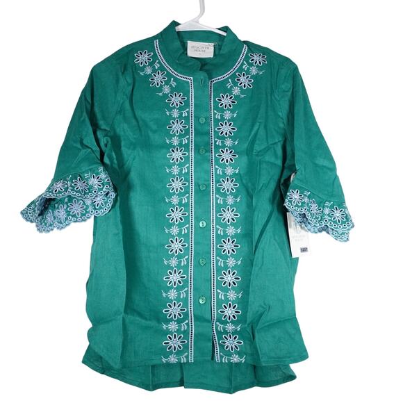 New Hyacinth House Women's XS Green Embroidered Ruffle Linen Montauk Lounge Top - Picture 3 of 10